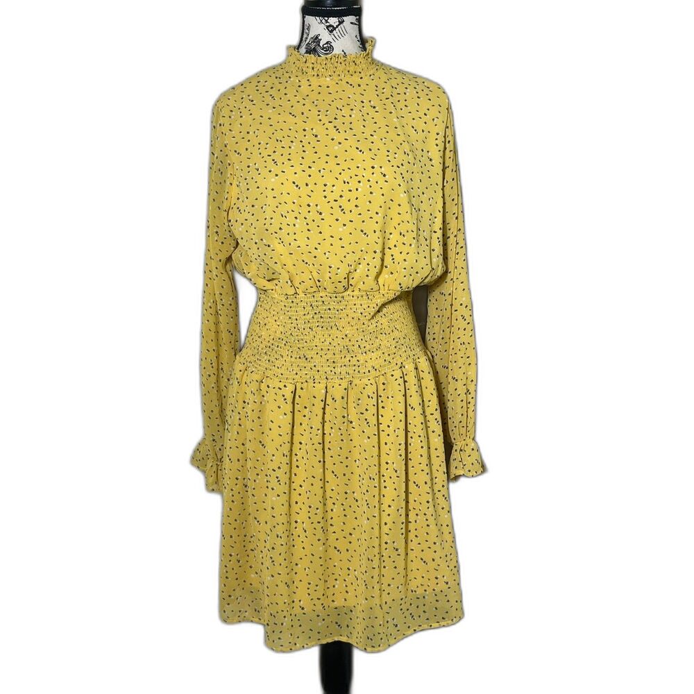 She & Sky Smocked Neck Yellow Print Dress Ruffled Long Sleeve Med Cottage BOHO